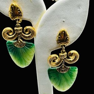 Vintage Trifari Egyptian Revival Rams Horn Green Molded Resin Drop Earrings